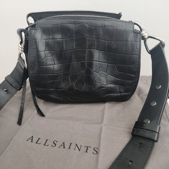 All Saints | Polly Round Medium Leather Crossbody in Black Mock Croc, One Size - Picture 2 of 11